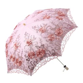 LCY Ladies Embroidered Lace Double-deck Anti-UV Parasol Umbrella Sun/Rain/Snow Folding Umbrella-Pink