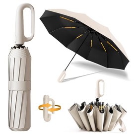 Paraguas Automático con Hebilla de Anillo, HAISHOP Sombrilla de Bolsillo Reforzado Plegable, Paraguas Grande Resistente al Viento y Lluvia y UV con 20 Varillas Reflectantes, Para Hombres y Mujeres