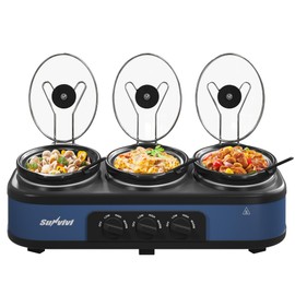 SUNVIVIPRO Triple Slow Cooker, Large Buffet Food Warmer with 3 x 2.5 QT Removable Ceramic Pots, Buffet Servers and Warmers with Glass Lids and 3 Spoons, Stainless Steel, Blue