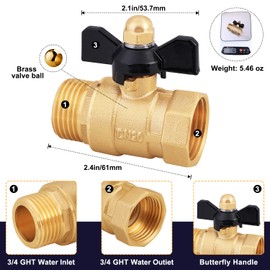 UNWAVER Brass Garden Hose Shut Off Valve Full Flow, No Restricted-Flow Water Shut-Off Connector, 3/4" GHT Garden Hose Full Port Ball Valve Adapter (Butterfly Handle 1PCS)