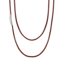 U7 Braided Leather Cord Necklace with Stainless Steel Snap Clasp 2mm Wide DIY Waterproof Woven Brown Rope Chain for Men Women, 24 Inch