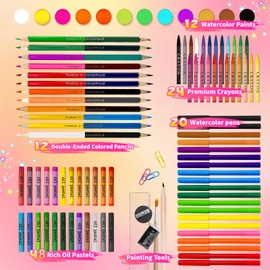 Cokiki Art Supplies,184-Piece Art Sets for Girls Ages 6-12,Unicorn Pink Princess Christmas Birthday Drawing Art Kit with Colored Pencils,Crayons,Oil Pastels,Watercolor Paint Set for Kids Girls Teens