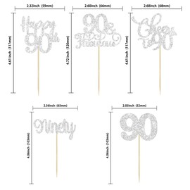 Ephlyn Paquete de 30 adornos para magdalenas de 90 cumpleaños con purpurina plateada de noventa vítores a 90 años de edad, para decoraciones de pasteles de feliz 90 cumpleaños