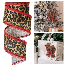 Whaline Leopard Print Wired Edge Ribbon Craft Ribbons Red Lace Brown Black Cheetah Fabric Ribbon for Wreath Bow DIY Wrapping Party Decor, 10 Yard