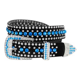 Cinturón unisex con diamantes de imitación de cristal occidental, diseño de tachuelas, cinturón de piel auténtica de 1-3/8 pulgadas o 1-1/2 pulgadas de ancho, opciones multiestilo, Cinturón de 1-3/8" de ancho - Azul claro, XXL - 40''