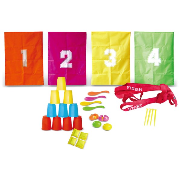 POCO DIVO 3in1 Outdoor Picnic Lawn Games, 4-Player Backyard Party Sports, 32pcs Kids Favor Family Field Day Fun Set; Sack Race Bags, Egg and Spoon Outside Yard Champion, Bean Bag Toss Indoor Activity