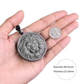 TUMBEELLUWA Round Lion Head Pendant Necklace for Men, Natural Crystal Protection Amulet Animal Charm Jewelry with Adjustable Cord, Silver Sheen Obsidian