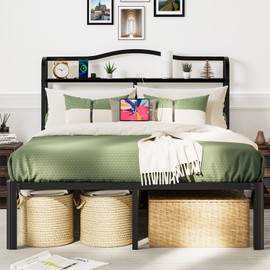 Full Size Bed Frame with Headboard 18 Inch Tall Bed Frames with Storage & Charging Station Black Basic Bed Base Mattress Foundation for Kids,No Box Spring Needed,Heavy Duty Metal (18 Inch, Full)