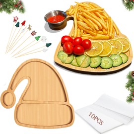 TAISHIER 2 Pcs Christmas Serving Platters Christmas Hat Shaped Wooden Trays Christmas Bamboo Charcuterie Boards Wood Snack Dish Plates for Xmas Holiday Housewarming