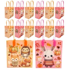 TINYMILLS Autumn Woodland Animal Party Favor Goody Bags, Thanksgiving Fall Themed Bags, 12 Pack