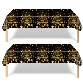 2Pcs Happy Newyears Eve Party Tablecloth Decorations Tablecover,137*274cm BlackGold Clock Disposable Party Table Cloth Party Table Covers,Dining Tablecover for Winter Holiday Newyears Party Decor
