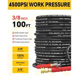 POHIR 50ft Pressure Washer Hose 4500PSI, 3/8 Inch Power Washing Hose Steel Wire Braided with Swivel Quick Connector & 2pcs M22 Adapter Set, Kink Resistant Commercial Grade for Cold and Hot Water 248°F
