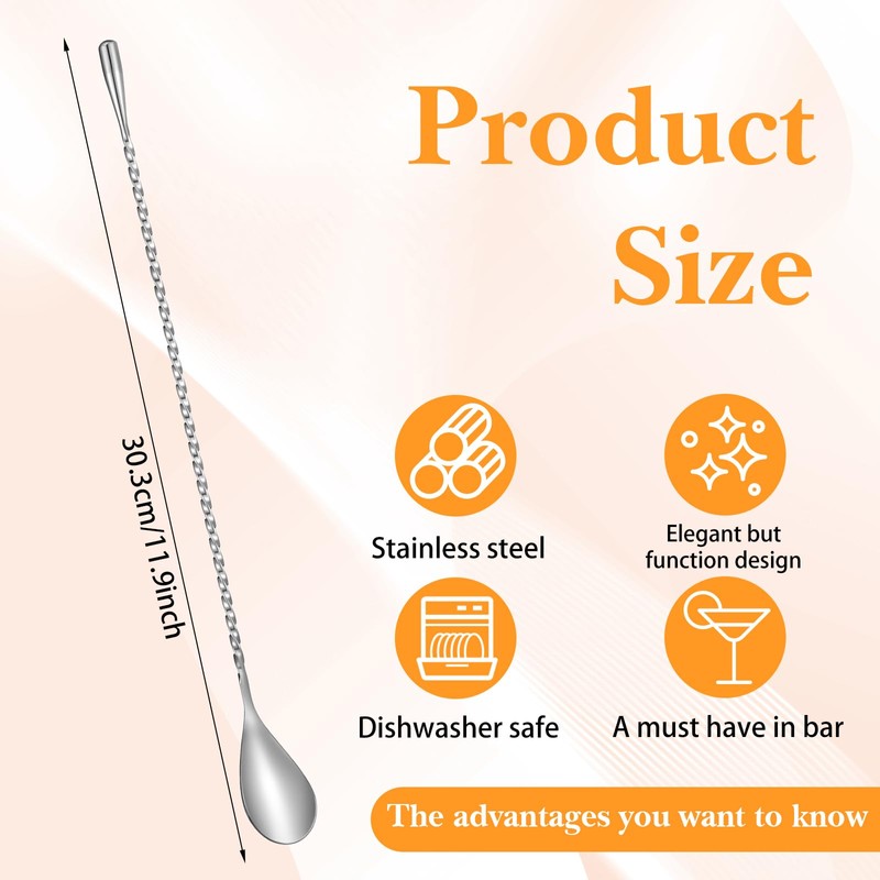 18 Pcs 12 Inch Bar Spoon Cocktail Spoon Stainless Steel