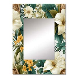 DesignQ Essence of Monochrome Floral Wall Mirror, Printed White Wall Mirror, Traditional Bathroom Wall Mirror, Decorative Floral Mirror - 24x32 Inches