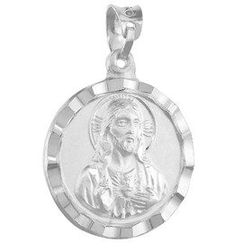 Sterling Silver St Guadalupe & Sacred Heart of Jesus Pendant Double Sided Medal 3/4 inch Round Diamond Cut Rim NO Chain Included