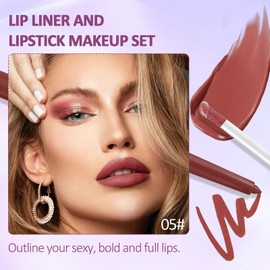 Prreal 2Pcs Lip Liner and Lipstick Makeup Set, Matte Liquid Lipstick with Lip Liner, Velvety Lipstick Makeup Kit Set, Waterproof Long Lasting Lipliner Pen Kit Gift，#05