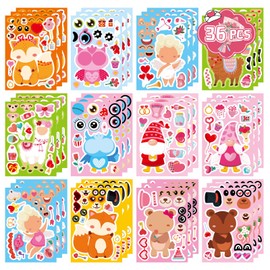 36 PCS Valentine's Day Stickers for Kids, Make a Face Stickers Valentines Day Face Stickers DIY Make Your Own Animal with Heart Mix Stickers Valentines Stickers Valentine's Day Party Favors