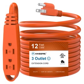 12-Feet 3 Outlet Extension Cord, Kasonic UL Listed, 16/3 SJTW 3-Wire Grounded, 13 Amp 125 V 1625 Watts, Multi-Outlet Indoor/Outdoor Use, Orange