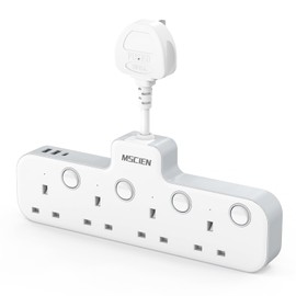 Mscien Mscien Multi Plug Extension Socket with USB, 4 Way Plug Adapter, Hanging Plug Extender with Switches for Home, Office, Multiplug Wall Socket Extension
