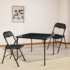 Elevon 34" Square Folding Table and Chair Set of 2 Foldable with Padded Upholstery Tabletop, Black