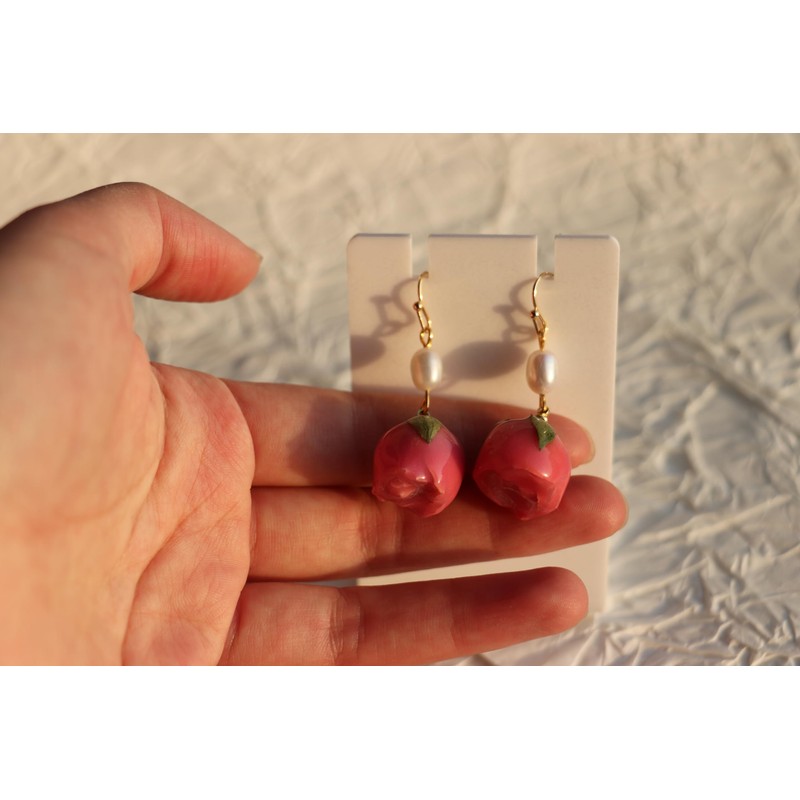 Pure natural flowers，Handcrafted Real Rose Drop Earrings with Pearl Accents,