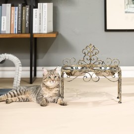 Elevated Dog Bowls for Large Dogs, Metal Raised Dog Feeder, Lifted Dogs Dish Stand with Double Stainless Steel Bowls for Food and Water, Antique Gold Finish Tall Dog Bowl Stand - Height 8.78"