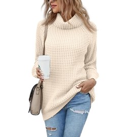 Women's Turtleneck Sweaters Oversized Lightweight Long Sleeve Pullover Loose Chunky Knit Jumper Tops Beige