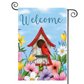 DMERBYL Welcome Spring Garden Flag 12x18 Double Sided Vertical, Burlap Small Birdhouse Floral Garden Yard House Flags Outside Outdoor House Spring Summer Decoration (ONLY FLAG)