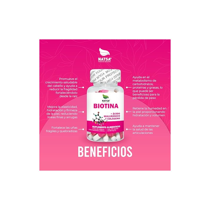 NATSA Biotina con Colágeno y Ácido Hialurónico 100 Cápsulas