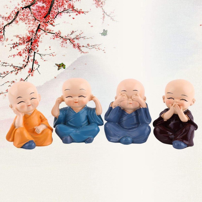 Tiiyee 4 Monks Figurine Statue, Little Monks Hear No Evil