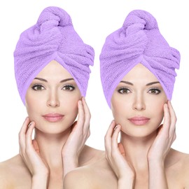 Glamza Microfibre Hair Towel Wrap Super Absorbing Twist Turban Hair Wrap with Buttons for Fast Drying Hair (2 PACK (LARGE) - PURPLE)