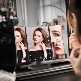 WEILY Makeup Mirror with 21 LED Lights,Two Power Supply Modes, Adjustable Touch Screen and 1x/2x/3x Magnification Tri-Fold Vanity Mirror,Chargeable Travel Cosmetic Mirror for Desktop (Black)