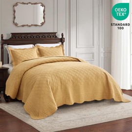 CHIXIN Oversized Cotton Bedspread King Size - Real Stitching - Luxury Quilted Bedding Cover for All Season, Reversible, Ultra Soft, Lightweight, 3 Piece, Honey Gold