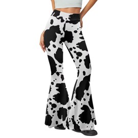 YEXIATODO Black Cow Print Leggings for Women Wide Leg Yoga Pants for Women Bell Bottom Pants Tummy Control Non See-Through Workout Pants Non See-Through Shapewear for Fitness Pilates Dance L