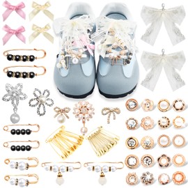 63 dijes para calcetines, pasador de seguridad, surtido de perlas con lazo para zapatos para tenis, broche y alfileres a granel para mujer, calcetines de basura dorados, accesorios de joyería