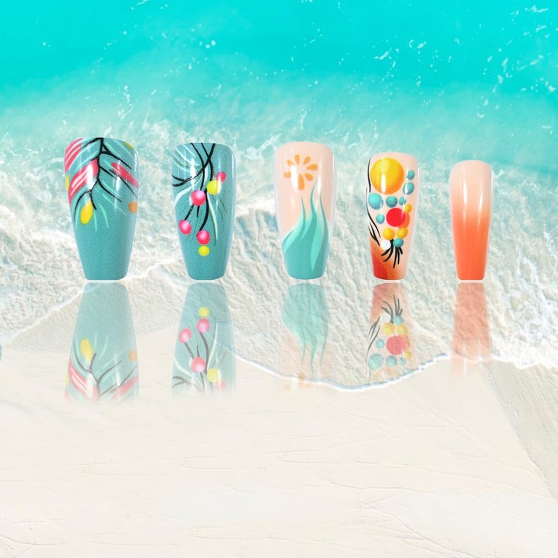 Summer Press on Nails Medium Coffin Fake Nails Blue Wave