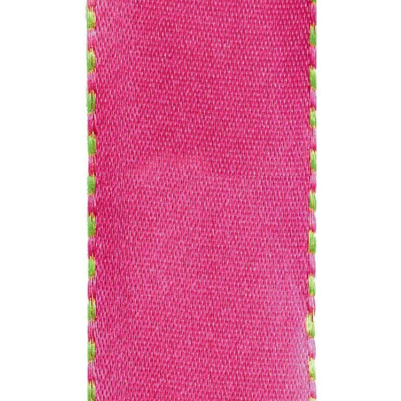 Caspari Pink & Green Reversible Satin Wired Ribbon - Three