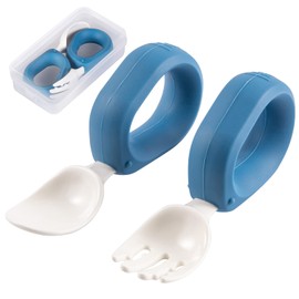 HIWOOD Juego de cuchara y tenedor de aprendizaje automático para bebés con estuche de viaje, sin BPA, lindo círculo de entrenamiento para niños, silicona y ABS, gran juego de vajilla (azul)