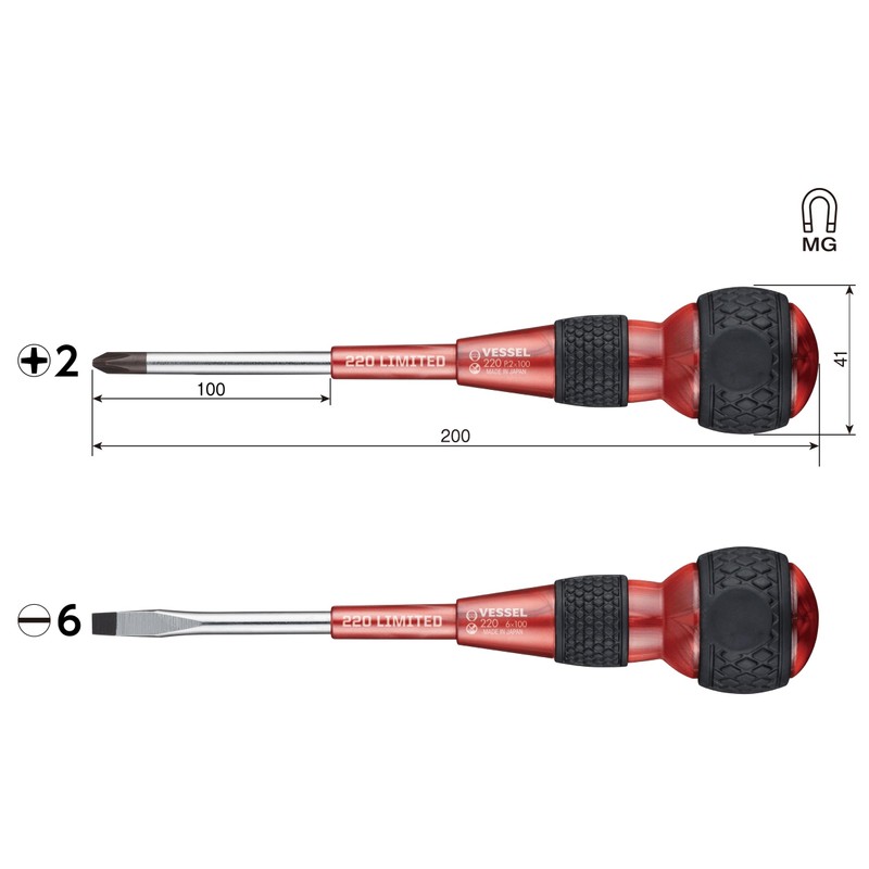 VESSEL 220-2PS-PRE Ball Grip Driver Premium Set of 2 (Red)