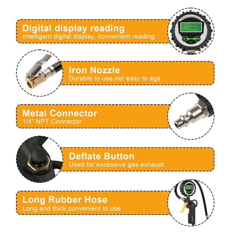 FORNAX Inflador digital de neumáticos con manómetro y manguera de