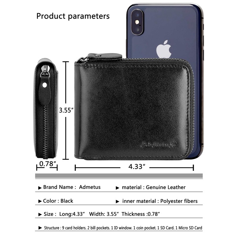 Wallet for Men Bifold Leather Zipper Wallet RFID Blocking Card