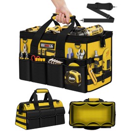 16-Inch Heavy Duty Tool Bag, 19-Pockets Tool Box Organizer, Portable Toolbag W/Soft Handle, Organized Storage, Mechanic Gifts for Him Men Husband Valentines Day, Wide Mouth Electrician Toolbox, Yellow
