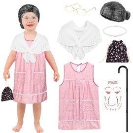 JcHrmers 8 Pcs Old Lady Costume Granny Grandma Old Women Costume with Wig Apron Shawl Glasses Necklace Cane for 100 Days of School Cosplay Dress up