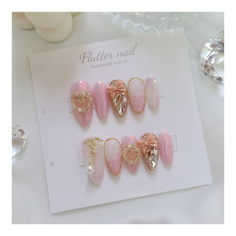 Pink Powder Gold Stone Handmade Nail Tips - Mediaval /