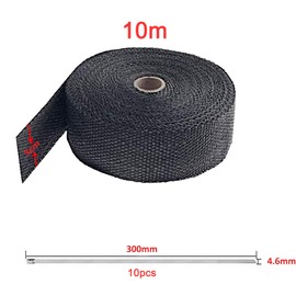 Foneso Car Exhaust Wrap, Exhaust Tape Bandage Titanium Black Fiberglass Heat Insulation Wrap Roll with 10 Stainless Steel Ties, for Motorcycle Car Exhaust Pipes, Mainfold (Black, 1 Roll 10M)