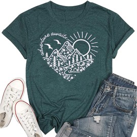 Adventure Awaits T-Shirt Women Outdoor Graphic Tee Shirt Nature Hiking Camping Tee Shirts Travel Shirt Green