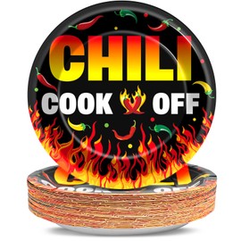 Qyeahkj 48PCS Chili Cook Off Paper Plates 7" Black Red Hot Chili Contest Party Plates, Dessert Table Supplies Decor for Mexican Fiesta Chili Cooking Competition Chili Cook-off Dinner Party Tableware