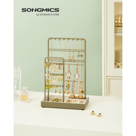 SONGMICS Jewellery Stand, Jewellery Organiser, Jewellery Display Stand with Metal Frame and Velvet Tray, Earring Bracelet Holder, Necklace Stand, for Studs, Rings, Gift Idea, Laurel Green JJS021C02