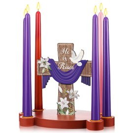 Wonderjune Easter Candle Holders Rustic Candlestick Holder Easter Table Centerpiece Decorations Cross with Doves and Lilies He is Risen Easter Candlesticks Decor for Dinner Table Home Party Decor