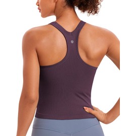 CRZ YOGA Seamless Ribbed Womens Tank Top Racerback Camisoles with Built in Bra Padded Scoop Neck Athletic Workout Slim Tanks Grape Thistle Purple Small